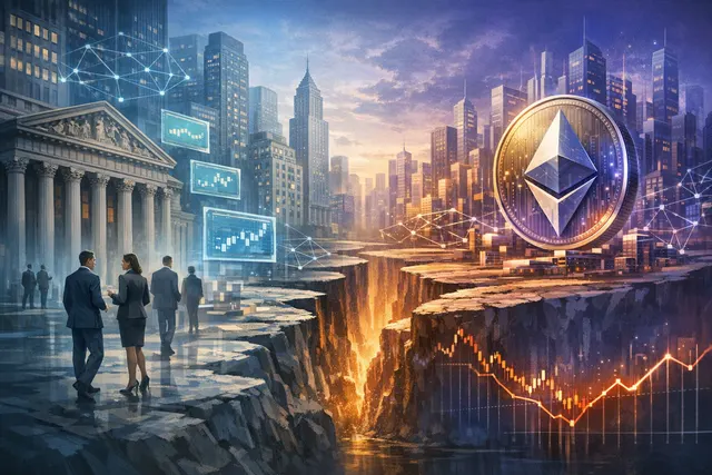 Illustration showing Wall Street skyscrapers connected to Ethereum's blockchain network, representing institutional adoption of on-chain finance.