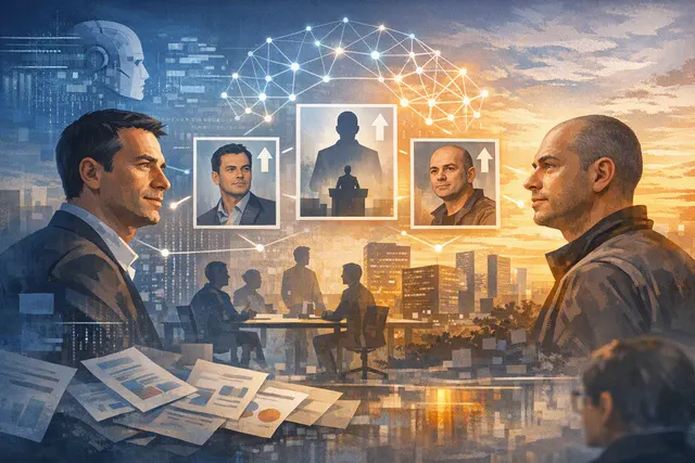 Abstract representation of Google DeepMind leadership restructuring in August 2026, showing a network of interconnected nodes representing Demis Hassabis, Koray Kavukcuoglu, and Je