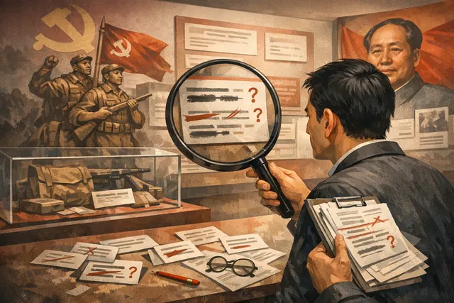 A museum gallery with Long March-themed woodcut prints on display, symbolizing the exhibition where caption errors were found.