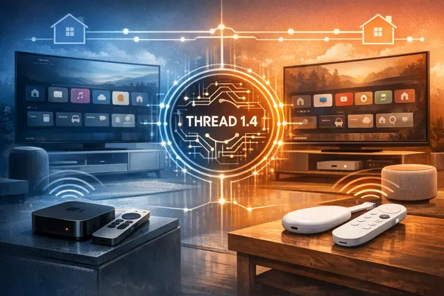 A visual representation of multiple smart home streaming devices from Apple, Google, and Samsung connecting to form a single, unified Thread mesh network within a modern living roo
