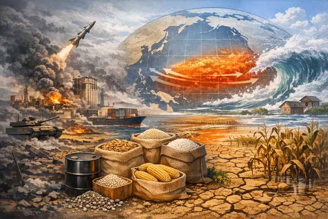 How could the convergence of geopolitical conflicts and a potentially record strength El Niño impact global food commodity prices and supply