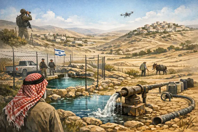 Illustration of a dry, arid farm in the Jordan Valley, representing the water crisis faced by Palestinian farmers after settlers diverted their irrigation spring.