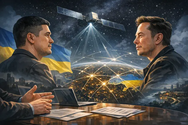 Mykhailo Fedorov and Elon Musk in a digital composite representing Starlink satellite negotiations