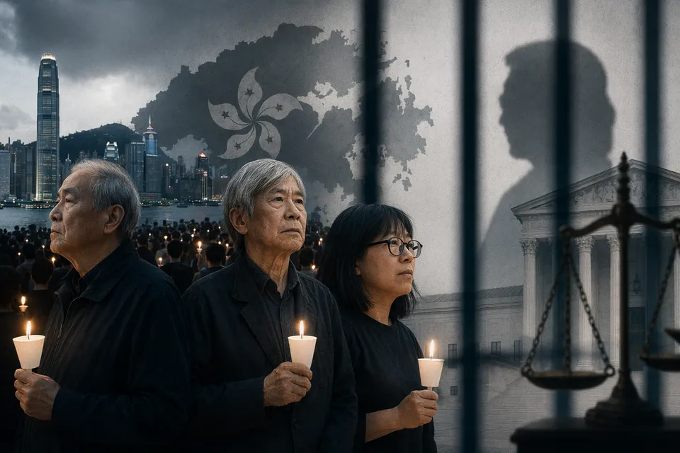 Illustration representing Hong Kong national security trial linked to Tiananmen vigil organizers