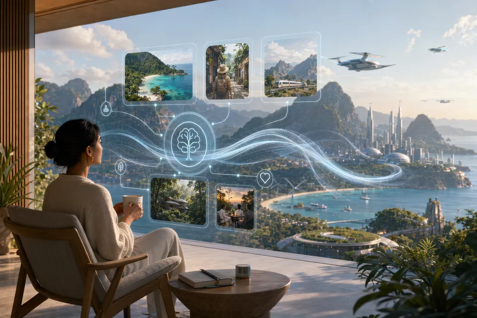 Concept illustration of future travel with AI planning, connected transport hubs, and global tourism destinations