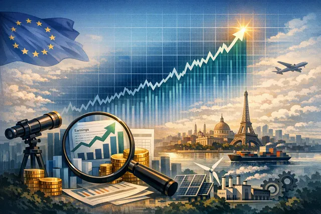 Graph of STOXX 600 index rising to record high on a stock market display
