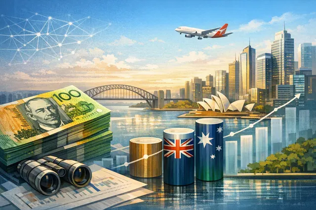 Editorial illustration of Alphabet expanding its AI infrastructure borrowing into Australia’s Kangaroo bond market