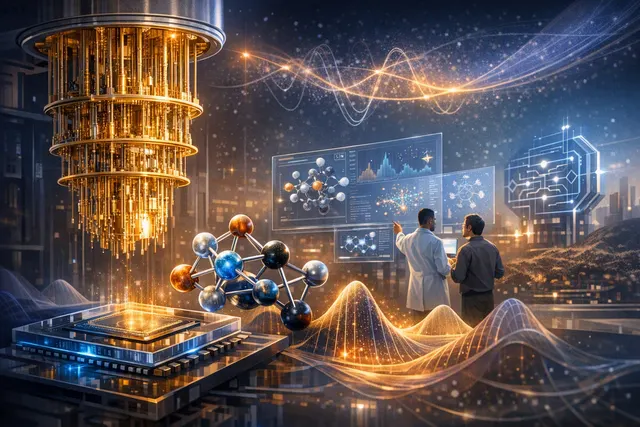 Artistic representation of an IBM quantum processor chip with glowing qubit connections, symbolizing the first verified instances of quantum advantage achieved in 2026.