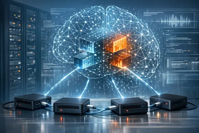 Four GEEKOM A9 Mega mini PCs connected as a local DeepSeek V4 Flash AI inference cluster