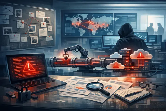 Abstract digital security concept with a broken chain link and warning symbols representing the LiteLLM supply chain attack