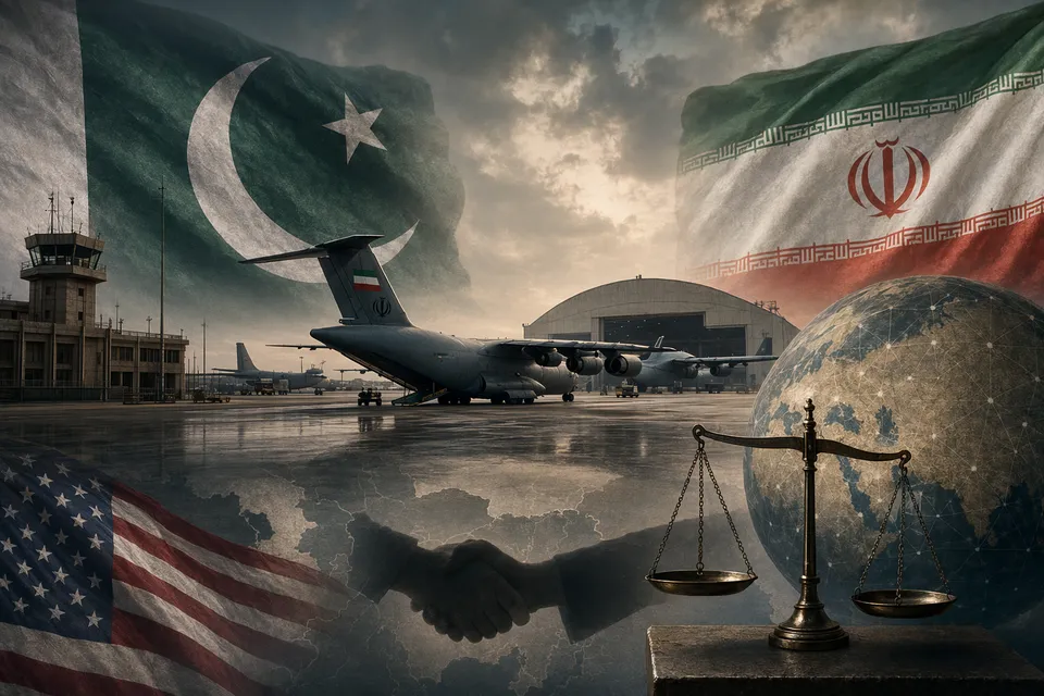 AI-generated editorial illustration of military aircraft on an air base runway symbolizing the Nur Khan Air Base allegation and Pakistan’s U.S.-Iran mediation role