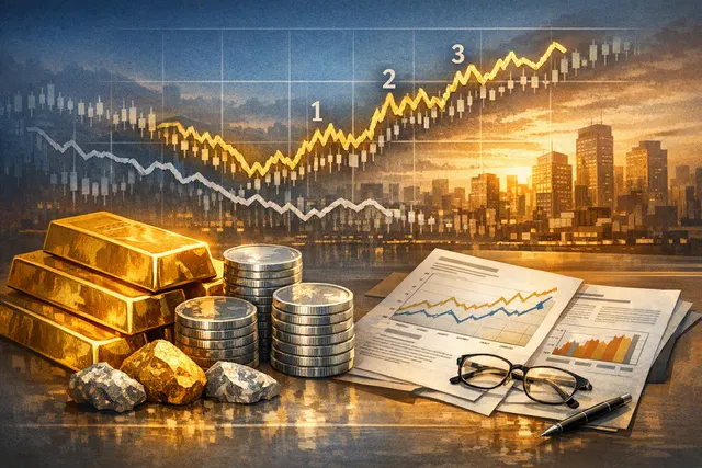 Gold bars and silver coins arranged on a dark surface, symbolizing precious metals investment and market analysis