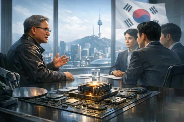 Illustration of Nvidia and Rebellions exploring a potential AI-chip partnership