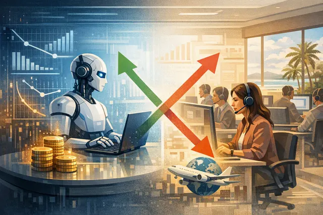 AI-generated conceptual hero image showing a cost comparison chart between AI agent and human offshore labor, with benchmark performance data overlays.