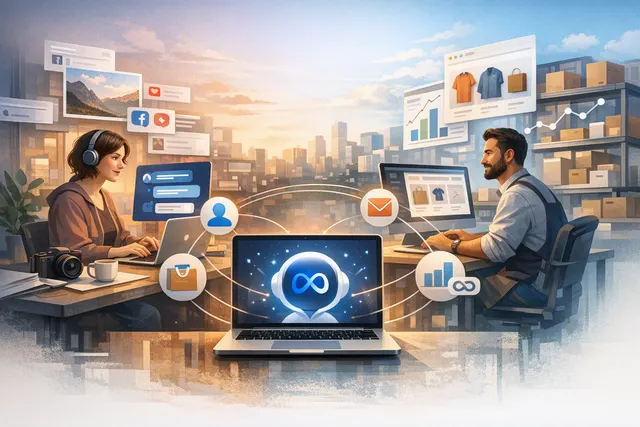 Illustration of Meta AI as a desktop assistant on a Mac, reviewing creative and business work