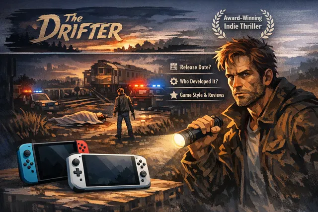 Promotional key art for The Drifter pixel art point-and-click adventure game on Nintendo Switch.