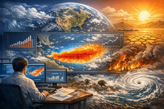 Satellite-style visualization of sea surface temperature anomalies in the Pacific Ocean during the 2026 El Niño event, showing warm water anomalies in the equatorial Pacific.