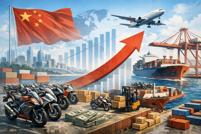 A row of modern Chinese motorcycles with export packaging in the background, representing the record-breaking export surge in 2026.