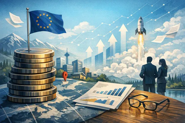 Abstract representation of European venture capital growth and fund-raising milestones, featuring upward-trending charts and financial symbols.