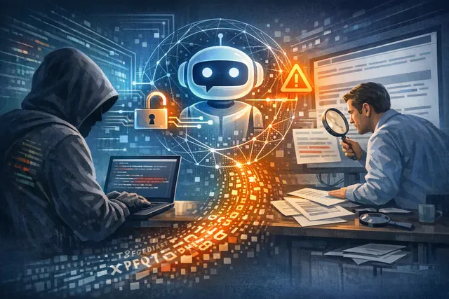 Conceptual illustration of encrypted instructions flowing from a webpage into an AI chatbot and out to an external server