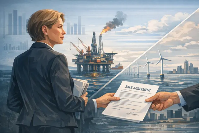 BP CEO Meg O'Neill speaking at a press conference, with a backdrop of BP branding and North Sea oil platform imagery.