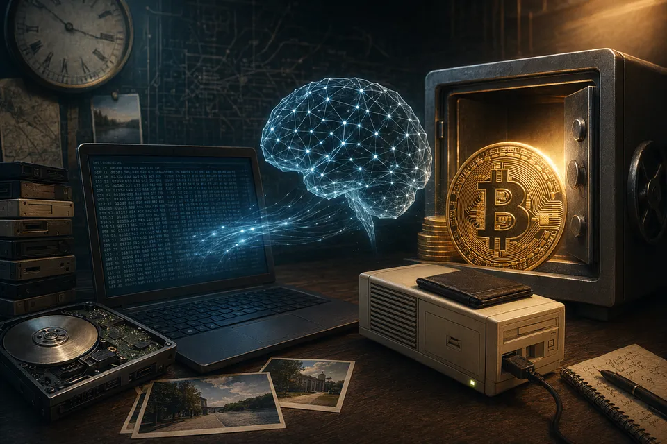 Illustration of AI analyzing old computer files to recover a Bitcoin wallet