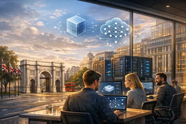 A conceptual image showing a glowing AI network node over a map of London, representing Modal Labs' expansion into the city's Marble Arch district.