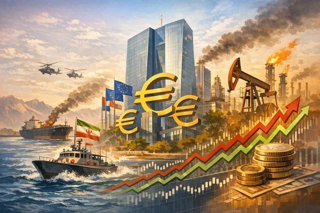Graph of rising European bond yields overlaid on a map of the Strait of Hormuz, illustrating the link between geopolitical tensions and bond market sell-offs.