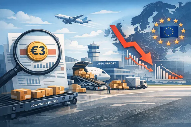 Air cargo containers and packages at Liege Airport, representing the 41% decline in e-commerce parcels after the EU's €3 customs duty took effect