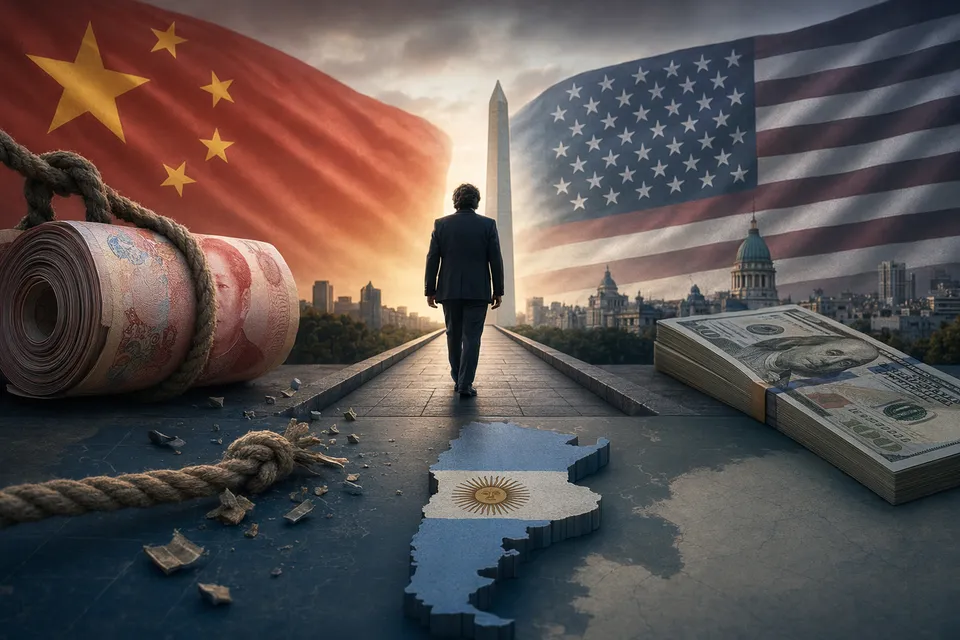Conceptual illustration of Argentina balancing financial ties between the United States and China