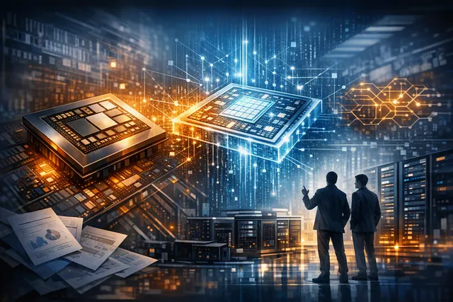 Editorial illustration of a hybrid AI accelerator representing the reported Google and AMD TPU v10 collaboration