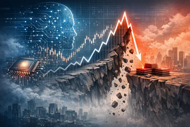 Editorial illustration of AI-related stock valuations rising while Norway’s sovereign wealth fund faces market correction risk