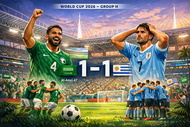 Uruguay and Saudi Arabia players competing during their 1-1 draw at the 2026 FIFA World Cup at Hard Rock Stadium in Miami.