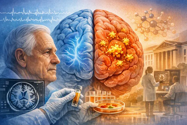 Illustration of MRI brain imaging and amyloid plaque detection in early Alzheimer’s research