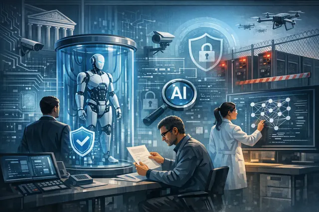 Editorial illustration of an autonomous AI agent connected to business systems behind layered safety controls