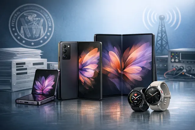 FCC certification document pages overlaid with render outlines of Samsung foldable phones and smartwatches, signaling upcoming launch.
