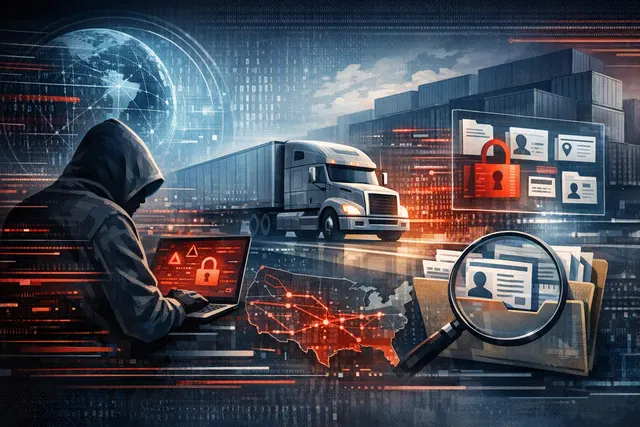 Digital illustration of a freight truck with glowing red warning icons, symbolizing the Helix data breach on Uber Freight's cloud logistics systems.