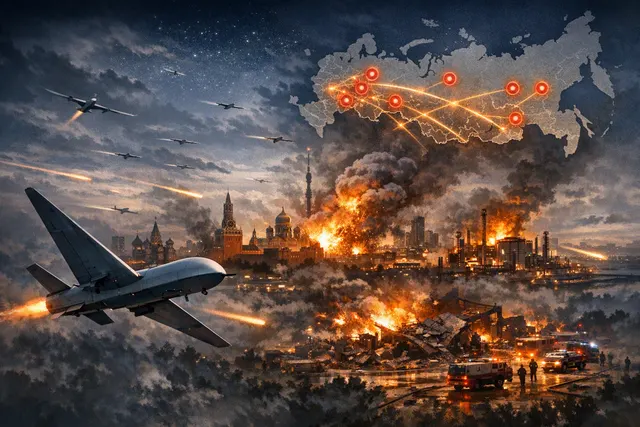 Illustration of drones over Moscow during a large Ukraine-Russia overnight air attack