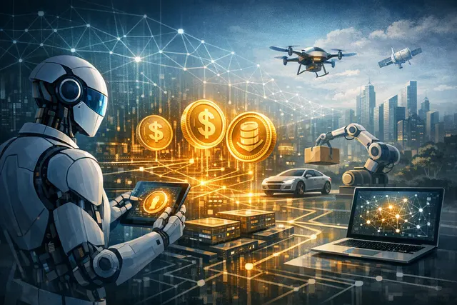 Abstract illustration of an AI agent using cryptocurrency to make automated digital payments