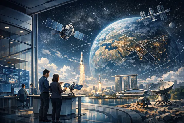 Illustration of Singapore Space Lab connecting space technology with businesses and industries on Earth