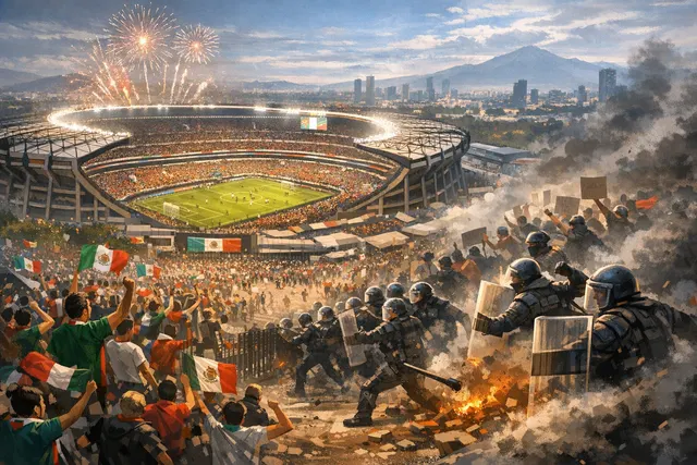 Protesters and riot police clash outside Estadio Azteca during the 2026 FIFA World Cup opener in Mexico City.