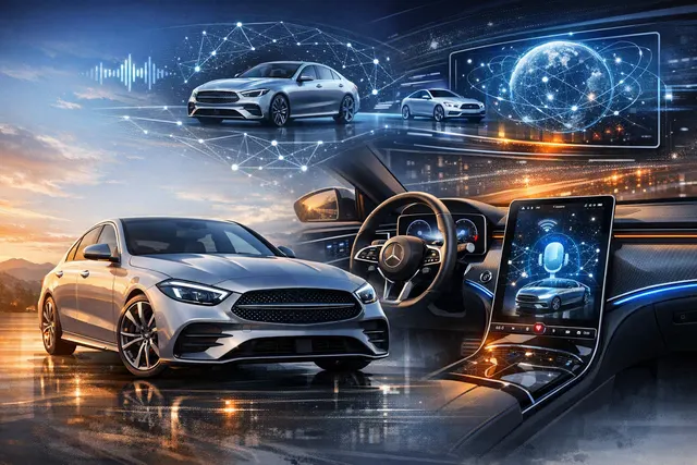 AI-generated editorial illustration of the refreshed 2027 Mercedes-Benz C-Class with a glowing grille and digital interface