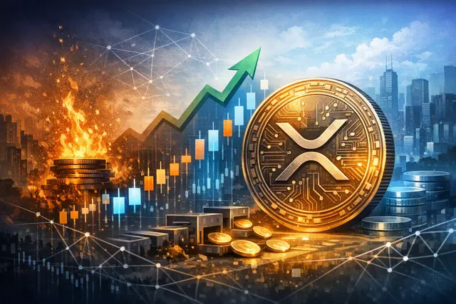 Editorial illustration of XRP rising alongside Ripple RLUSD stablecoin transactions and cross-chain liquidity flows