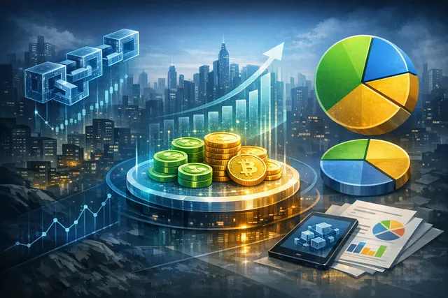 Abstract digital landscape representing Robinhood Chain's rapid growth, with flowing data streams and blockchain nodes.