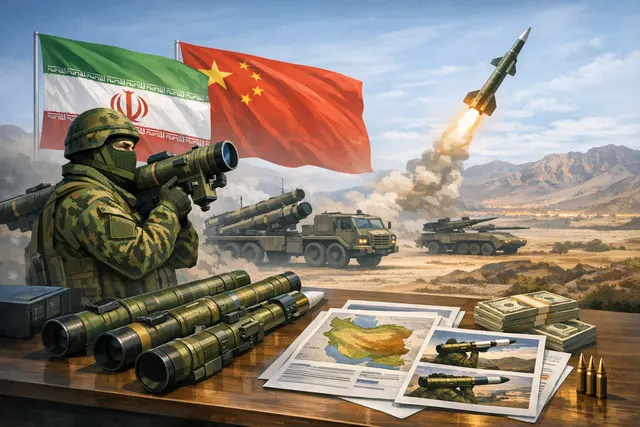 Editorial illustration depicting a stylized QW-12 or FN-16 man-portable air-defense system (MANPADS) against a geopolitical map of China, Pakistan, and Iran.