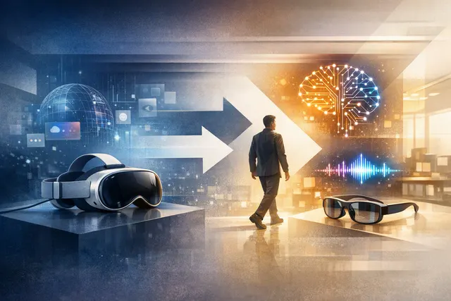 Conceptual illustration of Apple Vision Pro and smart glasses representing Apple’s shift toward AI wearables
