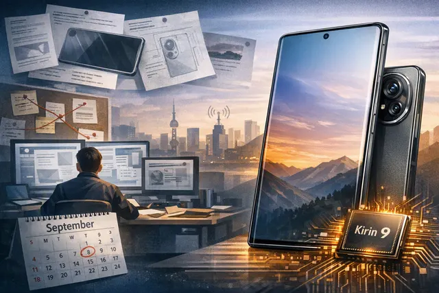 Concept render of a Huawei wide-screen non-foldable smartphone with a 16:10 display, showing a sleek candybar design with a large screen and dual rear cameras.