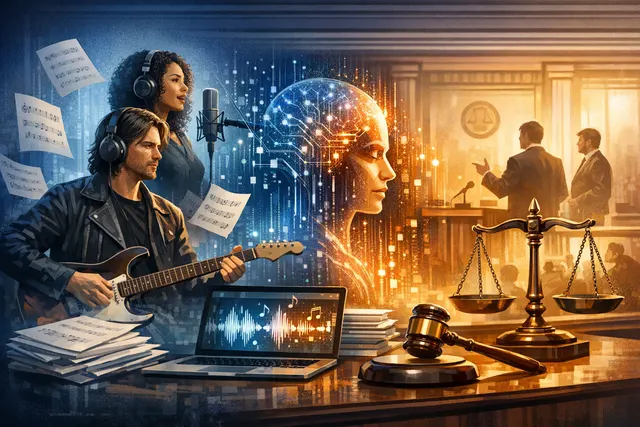 A gavel striking a sound block with digital waveform patterns and a YouTube logo in the background, symbolizing the copyright lawsuit over AI music training.