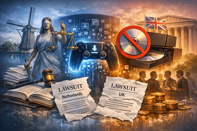 Abstract legal document overlays a PlayStation controller, symbolizing the antitrust lawsuits and digital pricing challenges Sony faces
