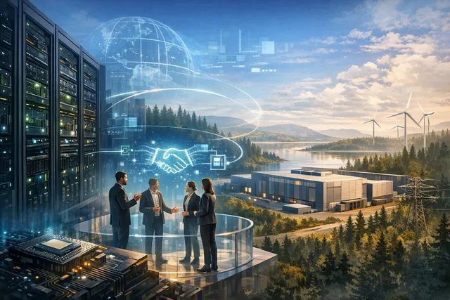 Editorial illustration of Nvidia connecting AI GPUs with Nordic data centers in Norway and Iceland